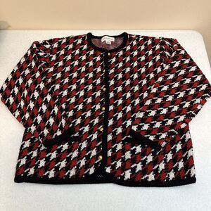 Croft Barrow Button Up Cardigan Sweater Womens Houndstooth Red White Black Large